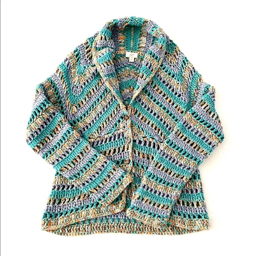 Vintage J. Jill Green Multicolored Hand Crocheted Buttoned Cardigan Sweater NWOT